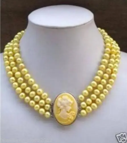 

Hot sale new Style >>>>>3Row Yellow Pearl Necklace Cameo Beauty Clasp 8-9mm