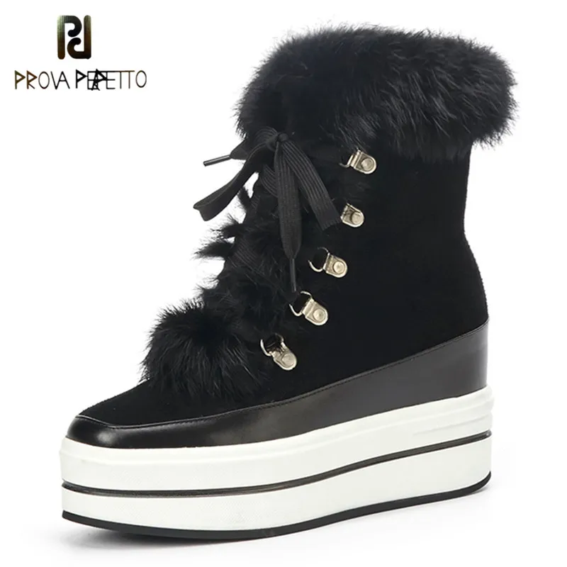 

Prova Perfetto Fashion Black Lace-up Women Boots High Platforms Shoes Woman Ankle Boots Winter Warm Full Fur Women's Snow Boots