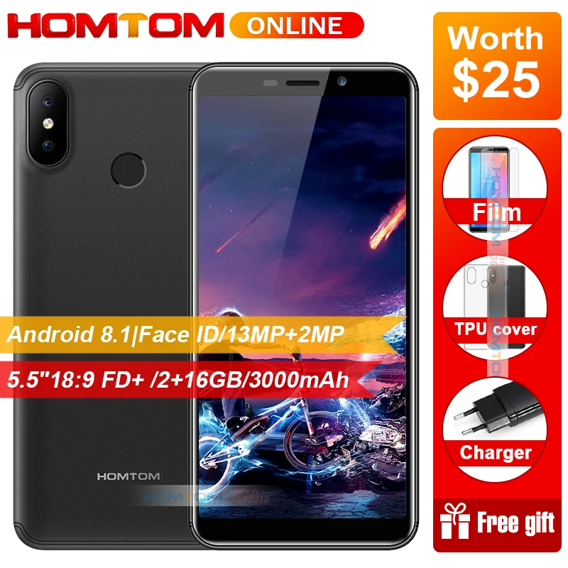 

HOMTOM C2 Android 8.1 4G Smartphone 5.5" 18:9 HD+ 2GB RAM 16GB ROM Quad Core Cellphone Face ID Dual Back Cameras Mobile Phones