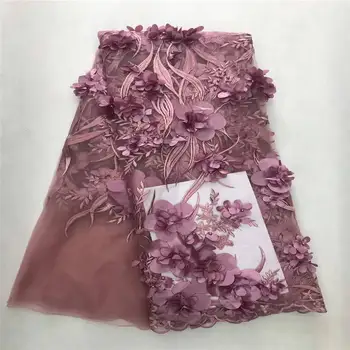 

3D Lace Fabric 2019 Latest French Nigerian Laces Fabric High Quality African Beads Lace Fabric For Wedding Dress 5yards Purple