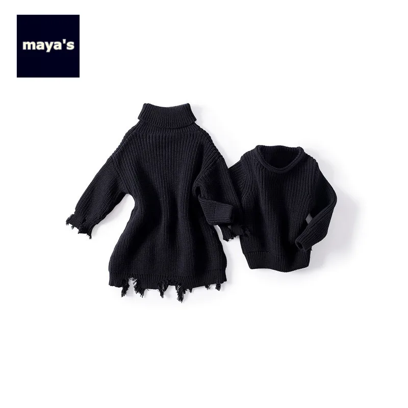 

Mayas Fashion Black Knitted Winter Boys Sweaters Cotton Soft Loose Long Basic Autumn Girls Pullovers Children Warm Tops 81220