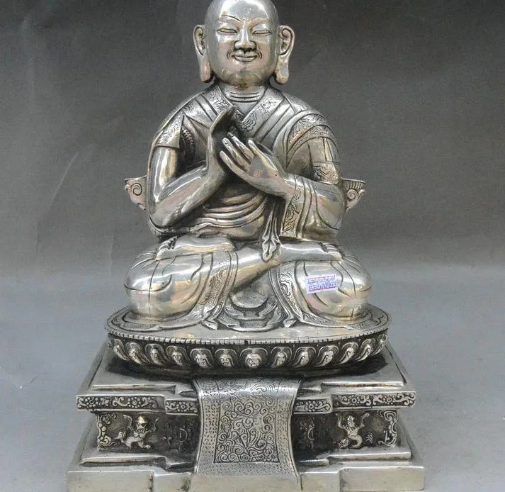 

13" Tibet Buddhism Silver Guru Padmasambhava Rinpoche Buddha Statue Sculpture