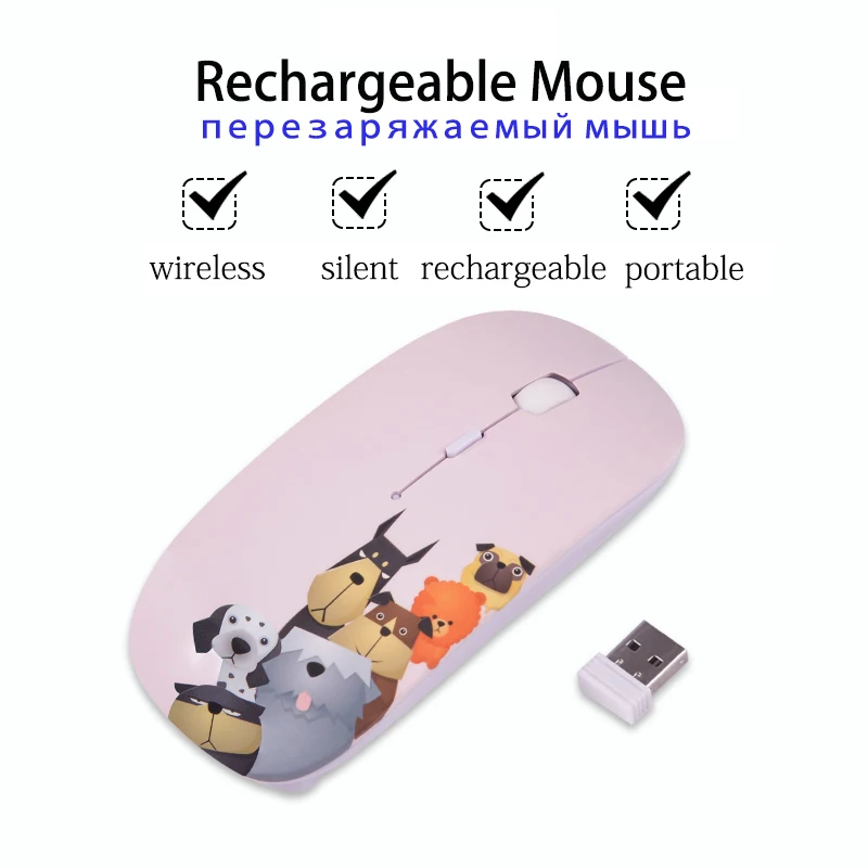 

New Cartoon Wireless Mouse USB Rechargeable Noiseless Optical Laptop PC Mouse for Computer Women Girls Pink Silent Game Mouse