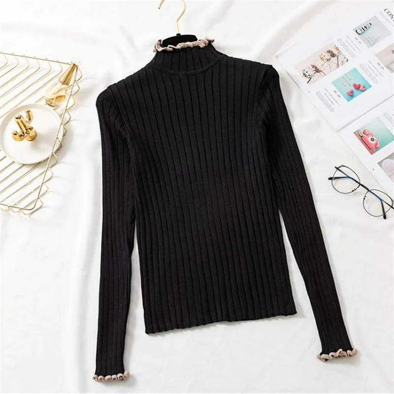 

Female Oversize Spring fall Turtleneck Frill Button Hedging Thicken Sweaters Woman Winter Full Sleeve Warm Soft Cotton Sweater