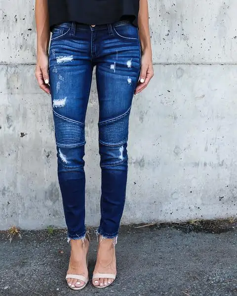 Новинка, зимние плиссированные винтажные Эластичные Обтягивающие джинсы для женщин, высокое качество, модные мотоциклетные байкерские джинсовые брюки в английском стиле, Mujer