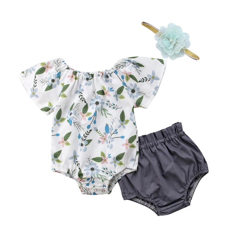 

0-24M Newborn Infant Baby Girl Princess Clothes Summer Floral Romper Tops+High Waist Shorts Bottom Headband 3PCS Outfits Set