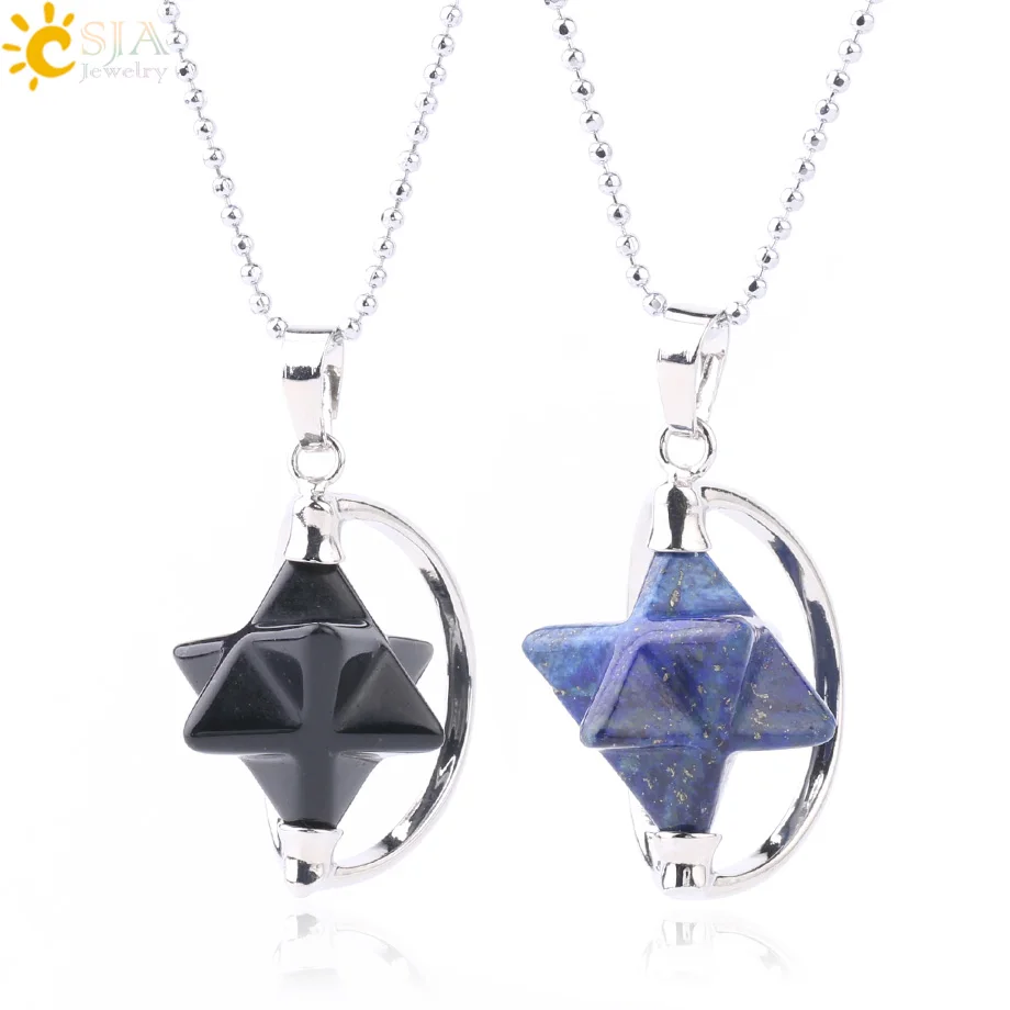

CSJA Natural Stone Merkabah Pendant Meditation Necklace Pink Crystal Lapis Lazuli Tiger Eye Drowsing Energy Wicca Jewelry F633