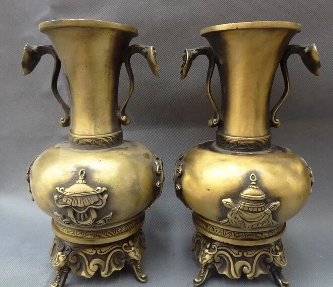 

S07177 11" Chinese Bronze FengShui 8 Auspicious Symboel Elephant Statue Pot Vase Pair