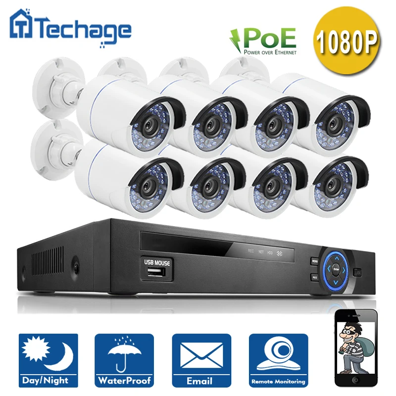  Techage Full 8CH NVR 1080P POE Kit 8PCS 2.0MP IP66 Waterproof IR IP Camera P2P Home Security CCTV System Video Surveillance Set 