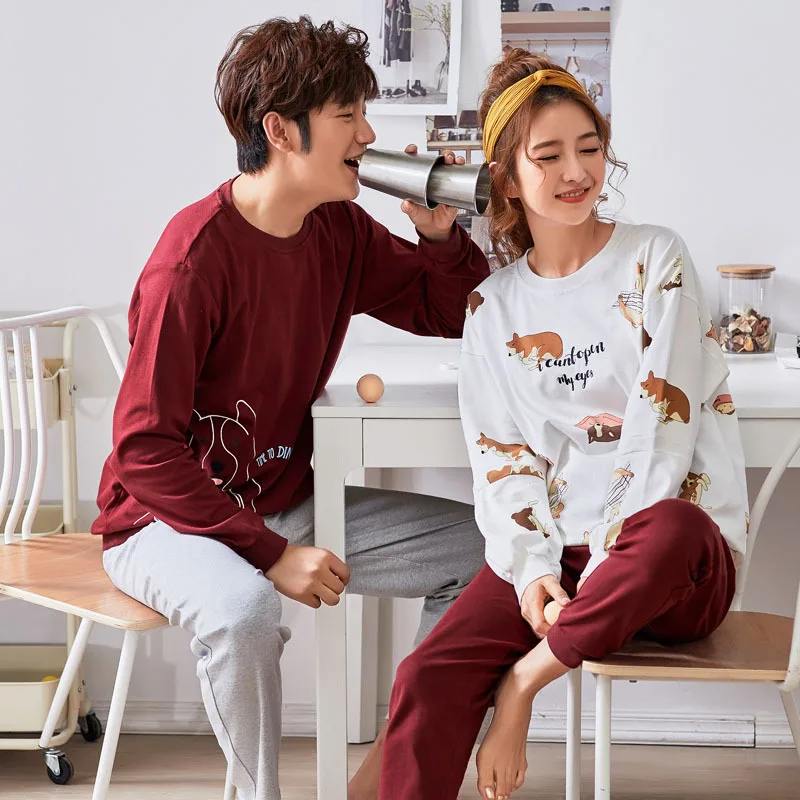 

Spring Autumn Lovers Pajamas Ladies Long Sleeve Cotton Sweet and Lovely Cartoon Summer Men All Cotton Home Wear Suit Plus size