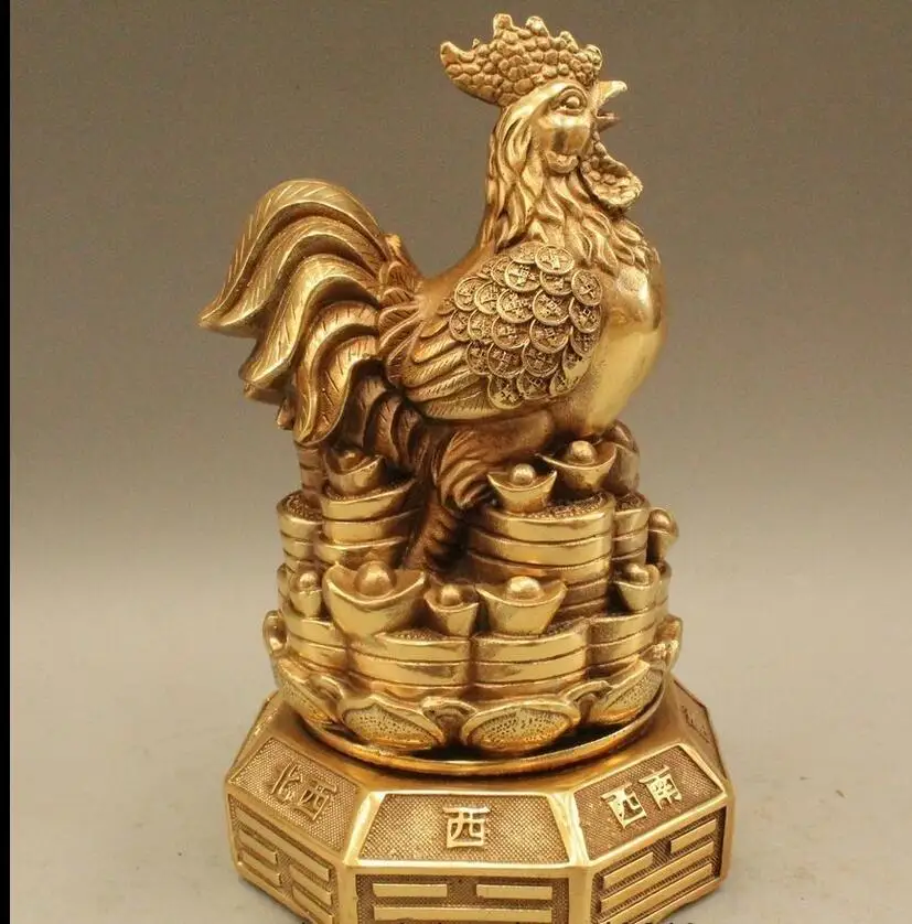 

67110315+++8" Chinese Fengshui Brass Zodiac Year Rooster Coin Yuanbao Money Wealth Statue