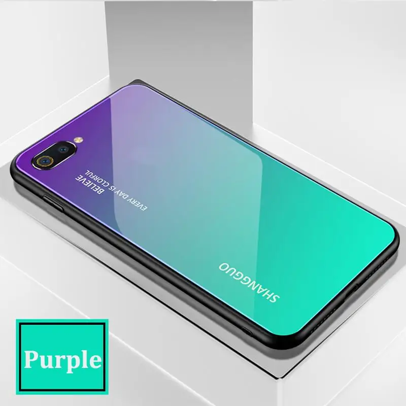 Для Realme C2 чехол Aurora дизайн Закаленное стекло протектор глянцевый градиентный чехол для телефона для Realme C2 твердый корпус Funda Coque - Цвет: Purple