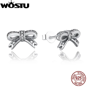 

Genuine 925 Sterling Silver Sparkling Bow Stud Earrings With Clear CZ For Women Compatible with Jewelry Gift