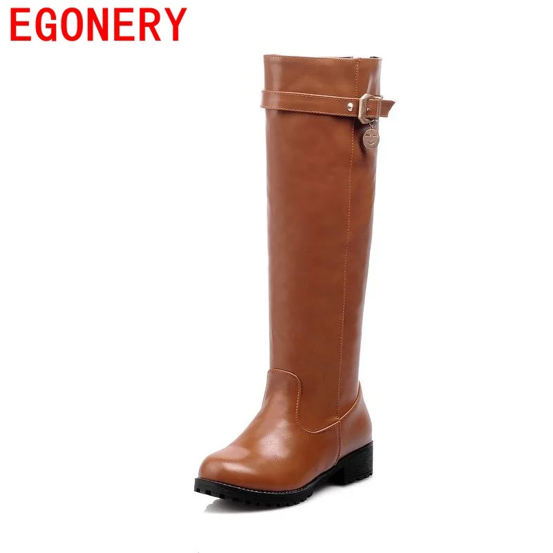 

EGONERY knee-high boots for women short plush PU big size buckle riding equestrian round toe thick low heels solid winter boots