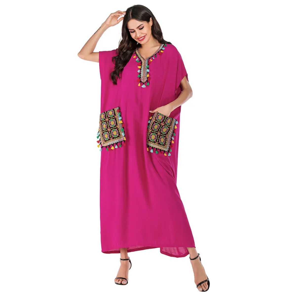

2019 Summer Batwing Sleeve Muslim Maxi Dress Short Sleeve Tassel Design Islamic Abaya Kaftan Moroccan Ramadan Robe Gown VKDR1728