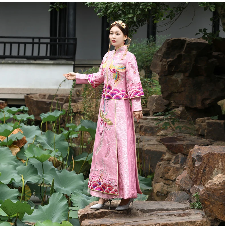 Юго-Восточной Азии Малайзии традиционные свадебные Cheongam шоу кимоно платье Феникс платье халат розовый невесты китайский торжественное