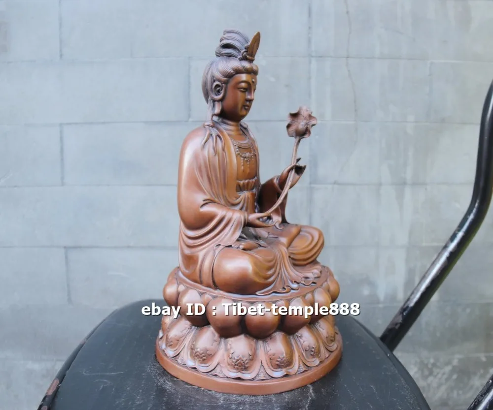 11.4 inches China red Copper Lotus Goddess Guan yin Kwan-yin Bodhisattva Buddha Statue Bronze Decoration Home Gift