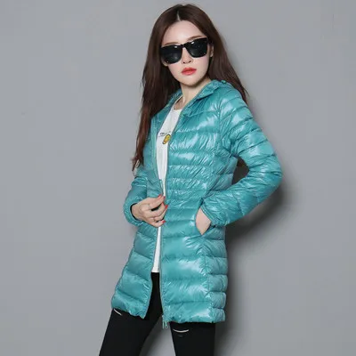 Новинка, зимняя приталенная Женская куртка на белом утином пуху, большой размер, S-7XL пуховик, Дамское длинное пуховое пальто средней длины, пальто с капюшоном, женские куртки 549 - Цвет: Небесно-голубой