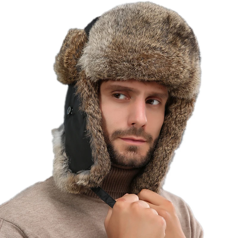 

Men Real Rabbit Fur Bomber Hats Women Winter Warm Ushanka Russian Snow Hat with Earmuffs Trapper Cap Earflap