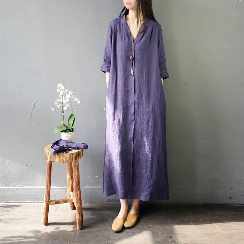 Summer Dress 2019 Elegant Women Deep V Neck Fashion With Sashes Loose Vintage Linen Maxi Spliced Fixed Button Pocket | Женская одежда