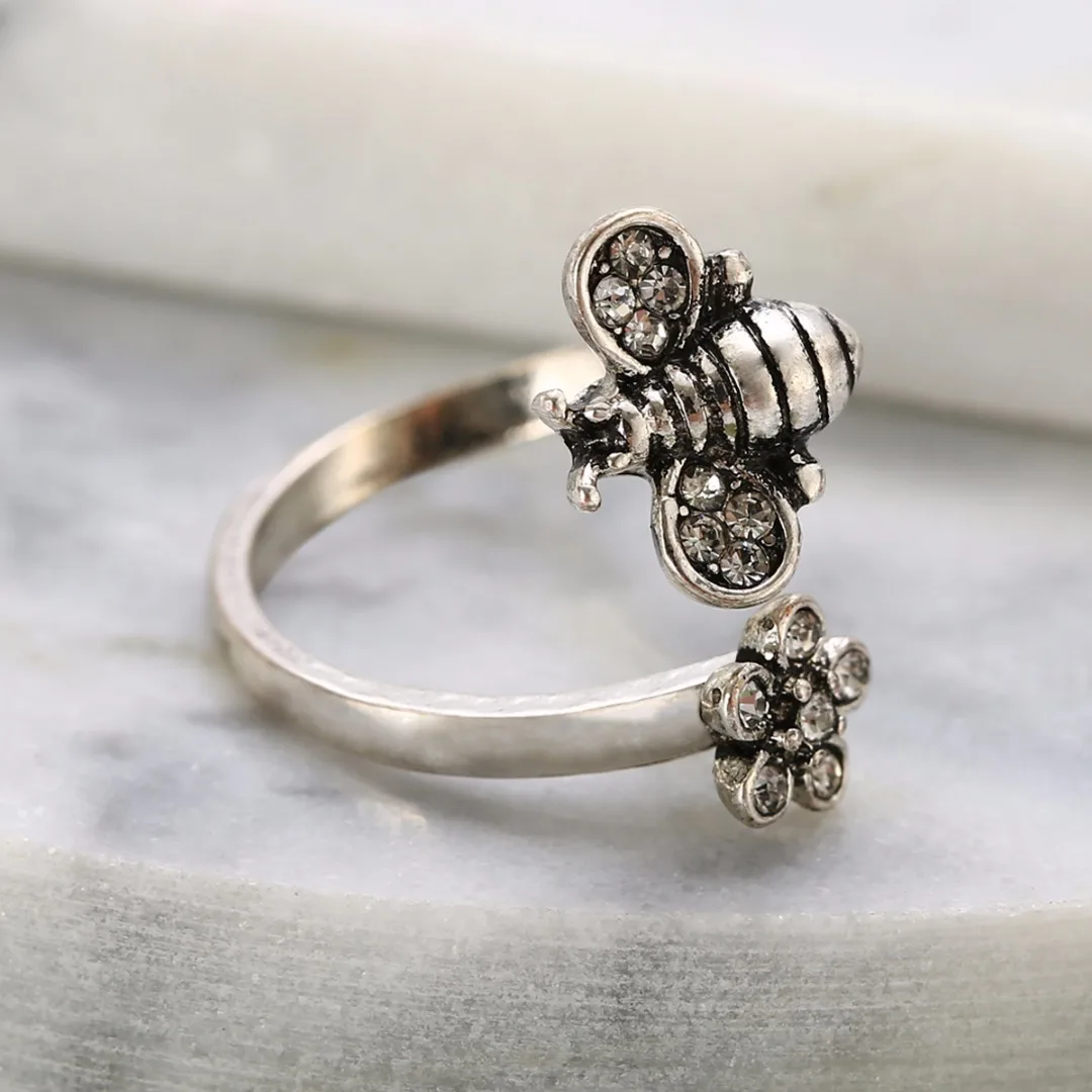 Chic Adjustable Open Ring Sexy Womens Cute Honey Bee And Flower Finger Ring Cool Elegant Jewelry For Women Shellhard