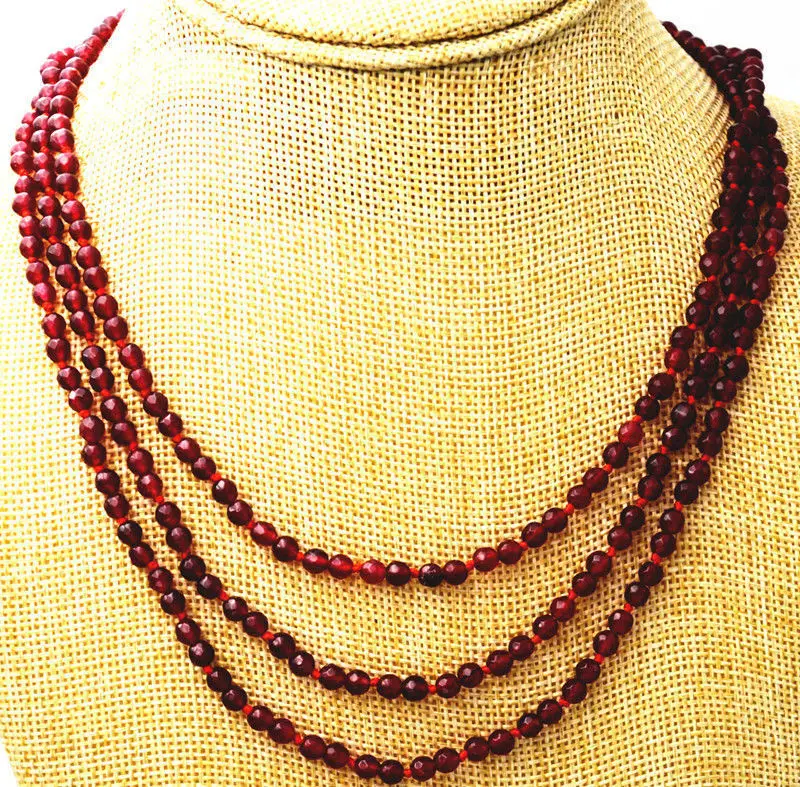 

FREE SHIPPING>>>@@ Fashion boutique 3 rows 4 mm faceted Red garnet bead necklace 17-19 "