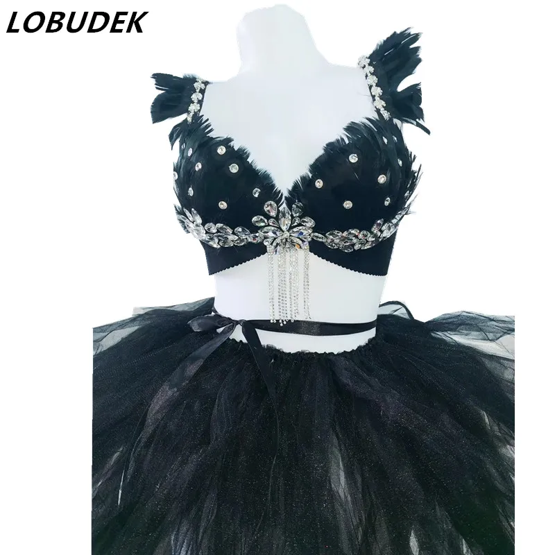Sparkly Rhinestones black feather bra skirt singer Dance Clothes Bar