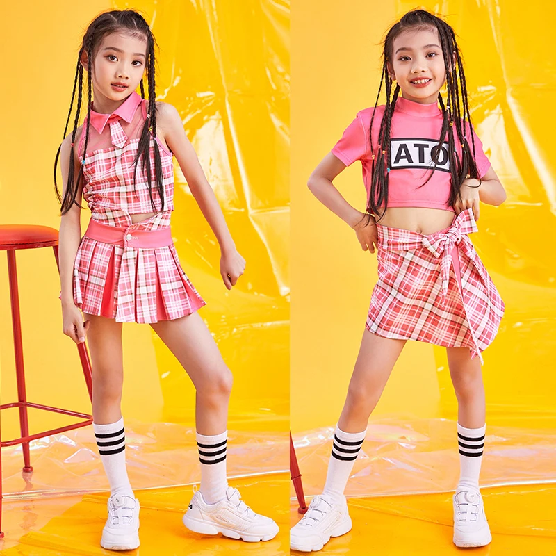 

Jazz Stage Costumes Girls Pink Tops Skirts Cheerleader Costume Kids Hip Hop Performance Clothing Modern Ballroom Dancing Wear