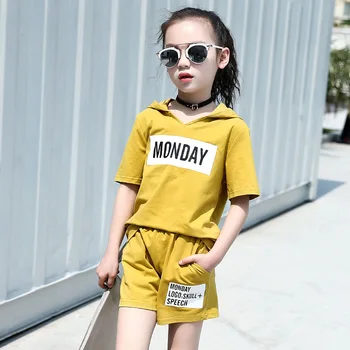 

Girls Summer Letters Print Clothing Set Children Hooded T-Shirt + Shorts Sport Outfits Girls Summer Active Tracksuits AA11764