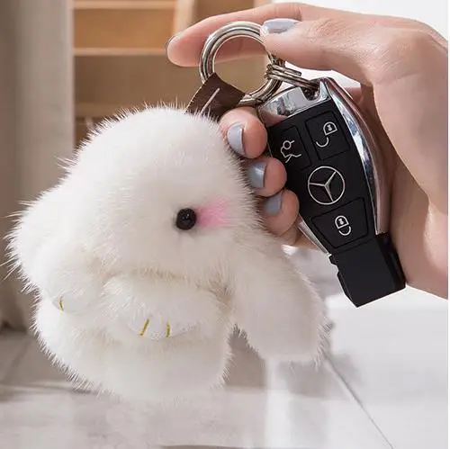 

real mink fur rabbit cute keychain fuzzy pom pom bunny keychains anime purse handbag charms pendant 10cm fluffy animal bag charm