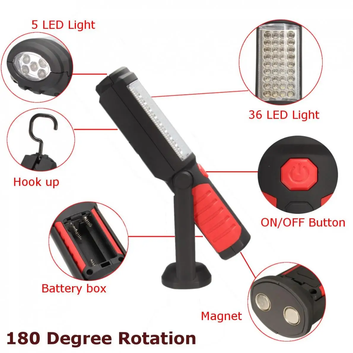 Durable Super Bright 36+5 LED Flexible Hand Torch Work Light Magnetic Inspection Lamp Flashlight Torch Battery Powered
