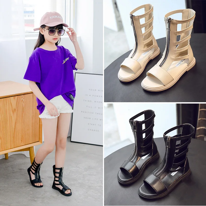 

Summer Kids Sandals Baby Girls Hollow Roman Sandals Children Knee Boot Gladiator Flat Glitter Zipper High Quality Leather Shoes