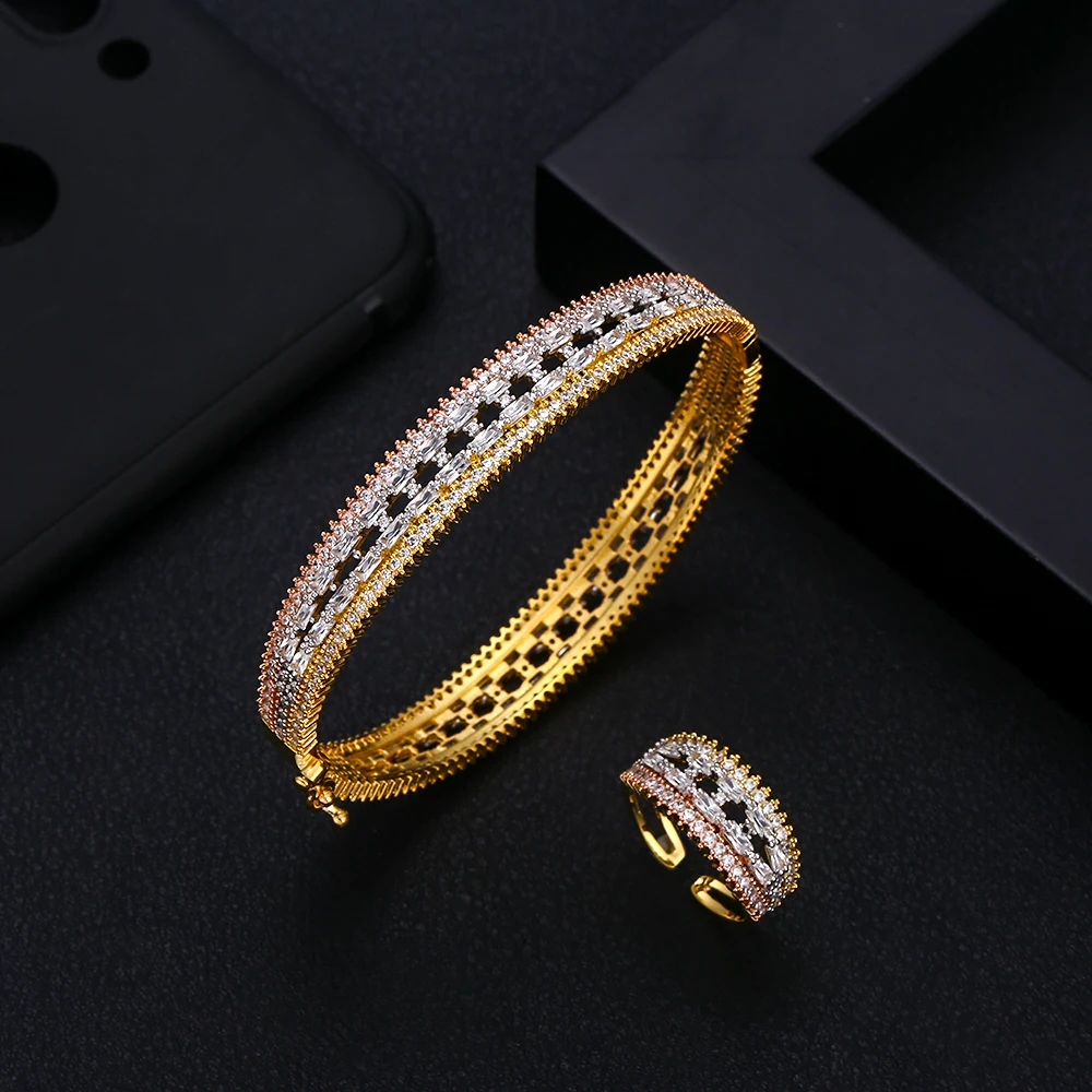 

jankelly Luxury flower Bangle Ring Sets Fashion Dubai Silver Bridal Jewelry Sets For Women Wedding brincos para as mulheres