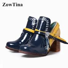 Осень Для женщин кожа ankleboottassel обувь на высоком не сужающемся книзу массивном каблуке Женская обувь Chaussure Femme Винтаж квадратный носок Zapatos Mujer Ботики с пряжками