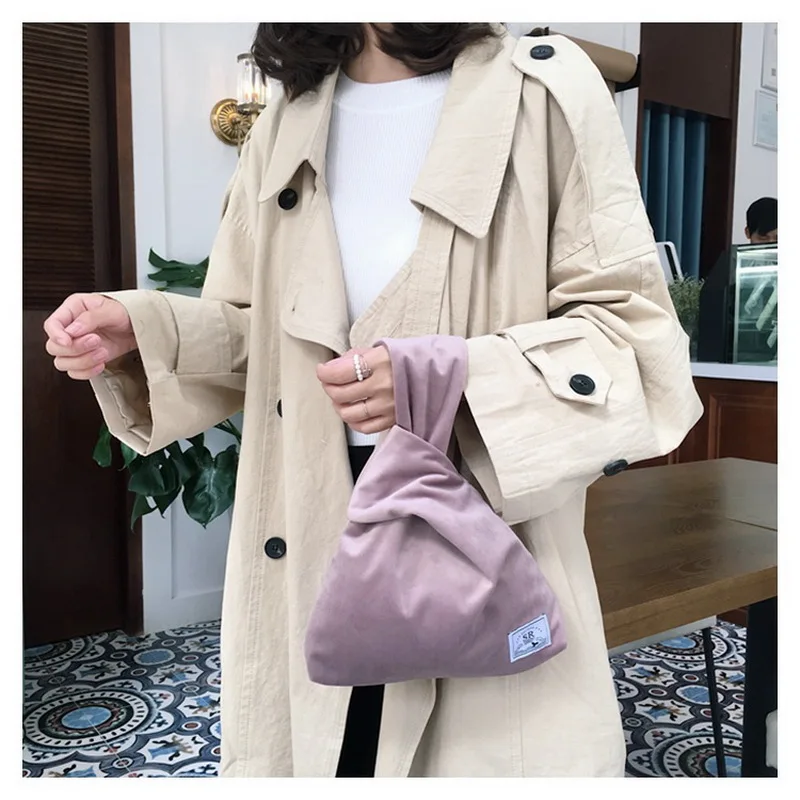 

Japanese Style Simple Women Knot Wrist Bag Grid Girl Velour Wristlets Square Tote Mobile Phone Key Small Bags Bolsa Feminina