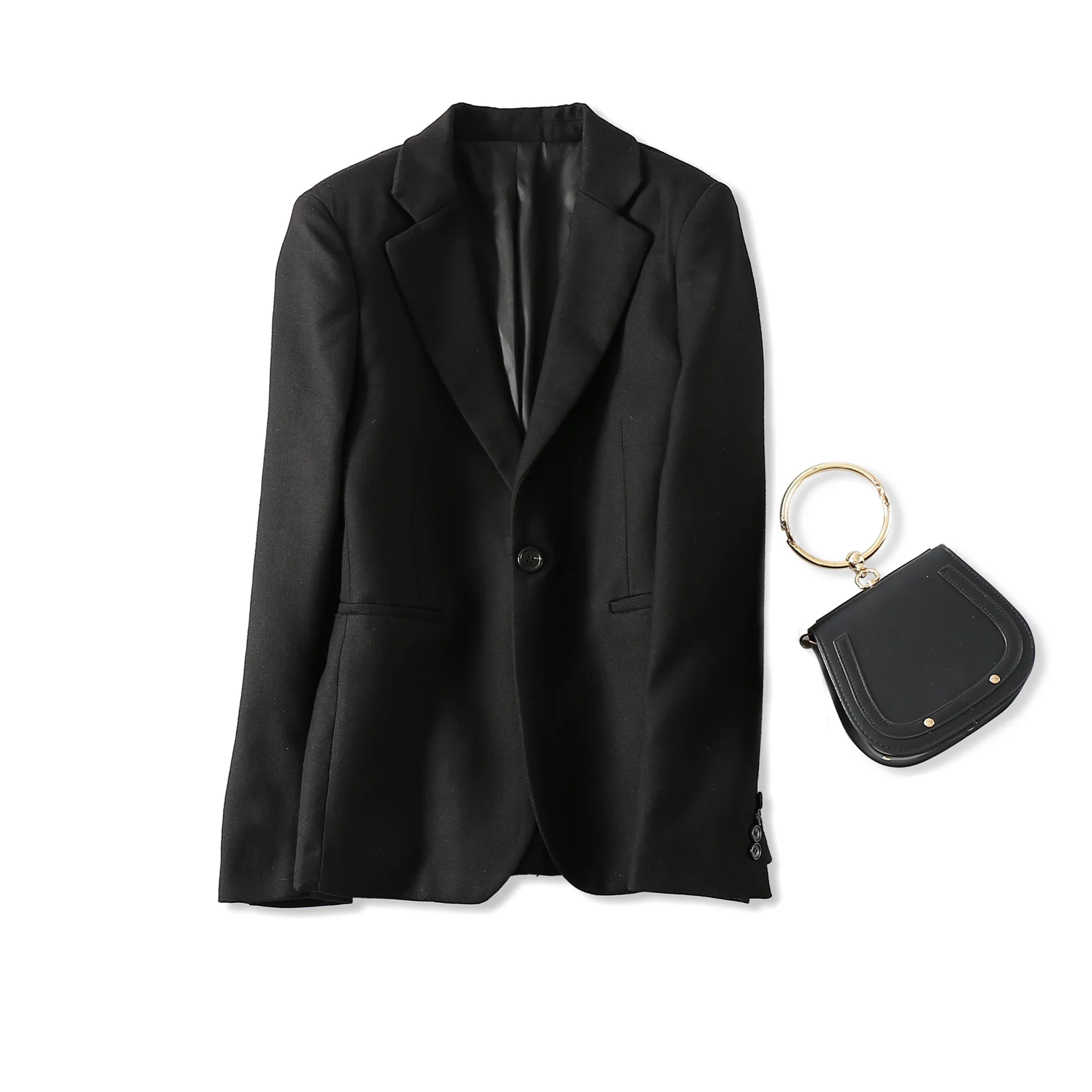 Women Black Woolen Blazer 2018 Fall Winter Ladies Elegant