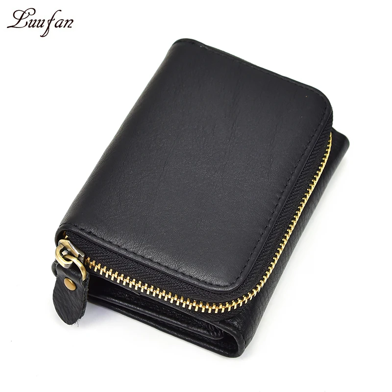 Unisex genuine leather pocket wallet Thrifold zip around pocket short wallet zipper coin case ...