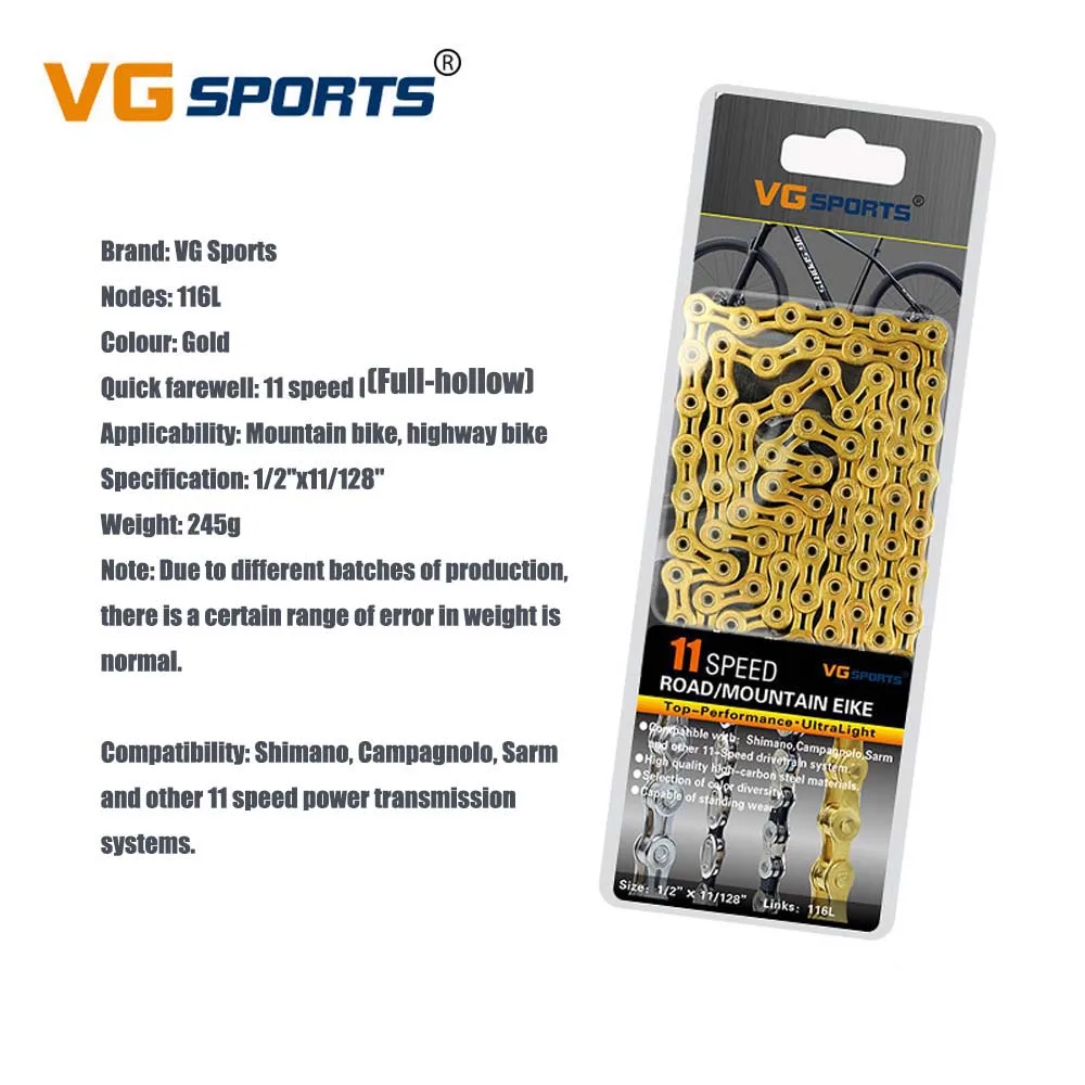 MTB Bicycle Chain 8 9 10 11 Speed Road Bike Full Hollow Chain Mountain Bike Half Hollow Chain Golden Silver Colour VG Sports - Цвет: 11S Full-hollow Gold