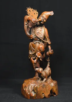 

christmas 9" Chinese Myth Boxwood Wood Carving Arhat Mad Monk Living Buddha Dog Fan Statue halloween