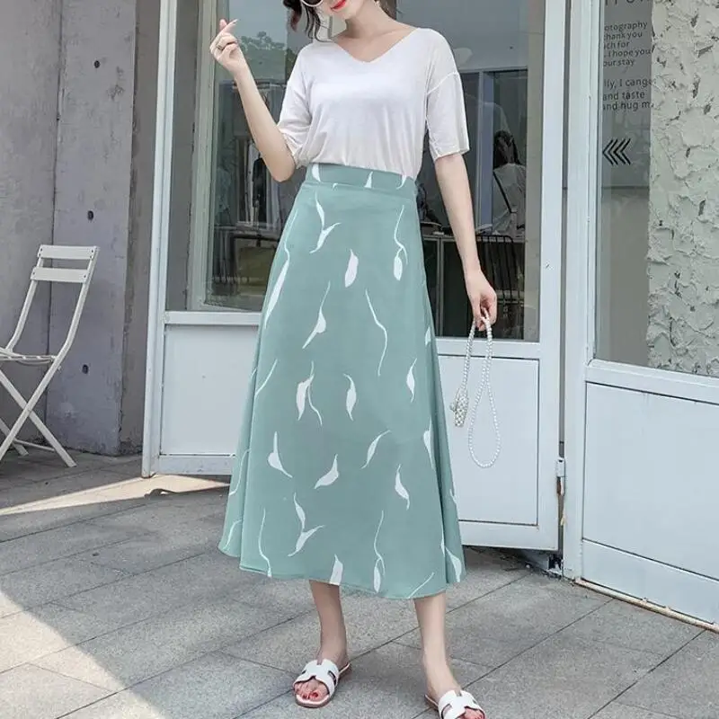 4 Color Summer New Elastic High Waist Slim Chiffon Printed Skirt Women's A-Line Mid-Calf Faldas Skirts One Size for S-XL Green