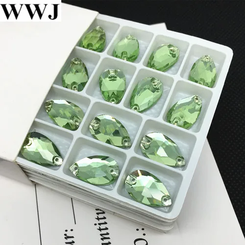 

15Pcs/Lot Peridot Color Teardrop Sew On Stone Flatback 2 Holes 17x28mm Pear Drop Sewing Glass Crystals 2Holes Dress