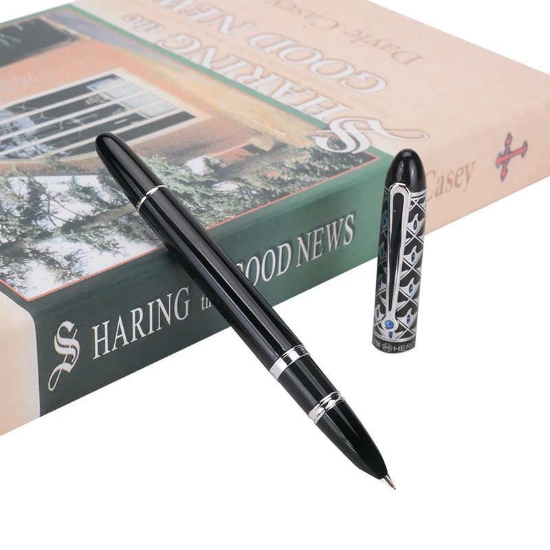 

10k Gold Nib Hero Luxury Fountain Pens Hooded Nib 0.5mm Hollow Out Clip Black Metal Gift Pens with Original Gift Box