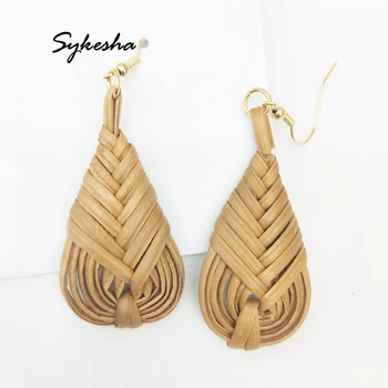 

Handmade Water Drop Earrings For Women Wooden Straw Weave Rattan Knit Earrings Bohemia Holiday Trendy Dangle Jewelry