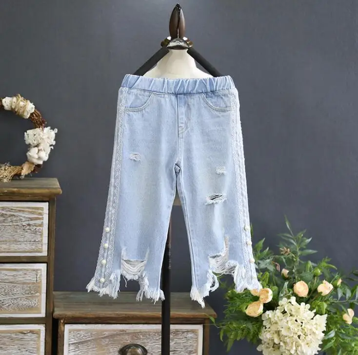 New Baby Kids Spring Tassel Hole Beading Lace Jean Pants, Girls