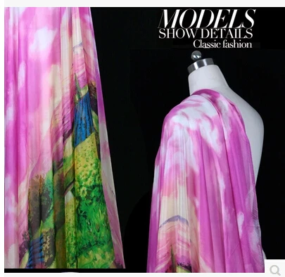 

Pink sky canola flower printed silk chiffon silk fabrics silk fabric spring new