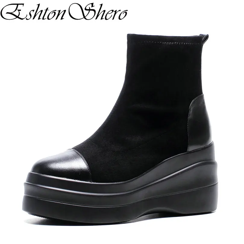 

EshtonShero Autumn/Spring Women Shoes Woman Ankle Boots Wedge High Heel Slip On Black Ladies Motorcycle Boots Size 34-39