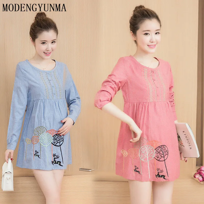 

MODENGYUNMA Pregnant Woman Dress 2018 Autumn Fashion Embroidery FLOWER Dresses Maternity Long Sleeve Clothing Pregnancy Clothes