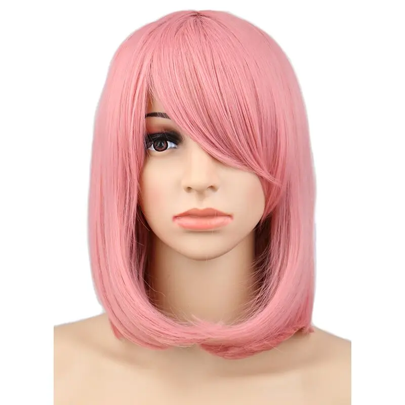 QQXCAIW для женщин и девочек короткий боб прямой косплей парик костюм Вечерние Розовые 40 см синтетические волосы парики