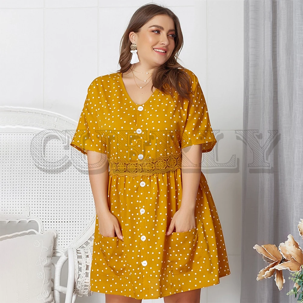

CUERLY Plus size polka dot print women short dress Elegant v-neck female summer dress Lace hem casual pockets ladies dress 2019