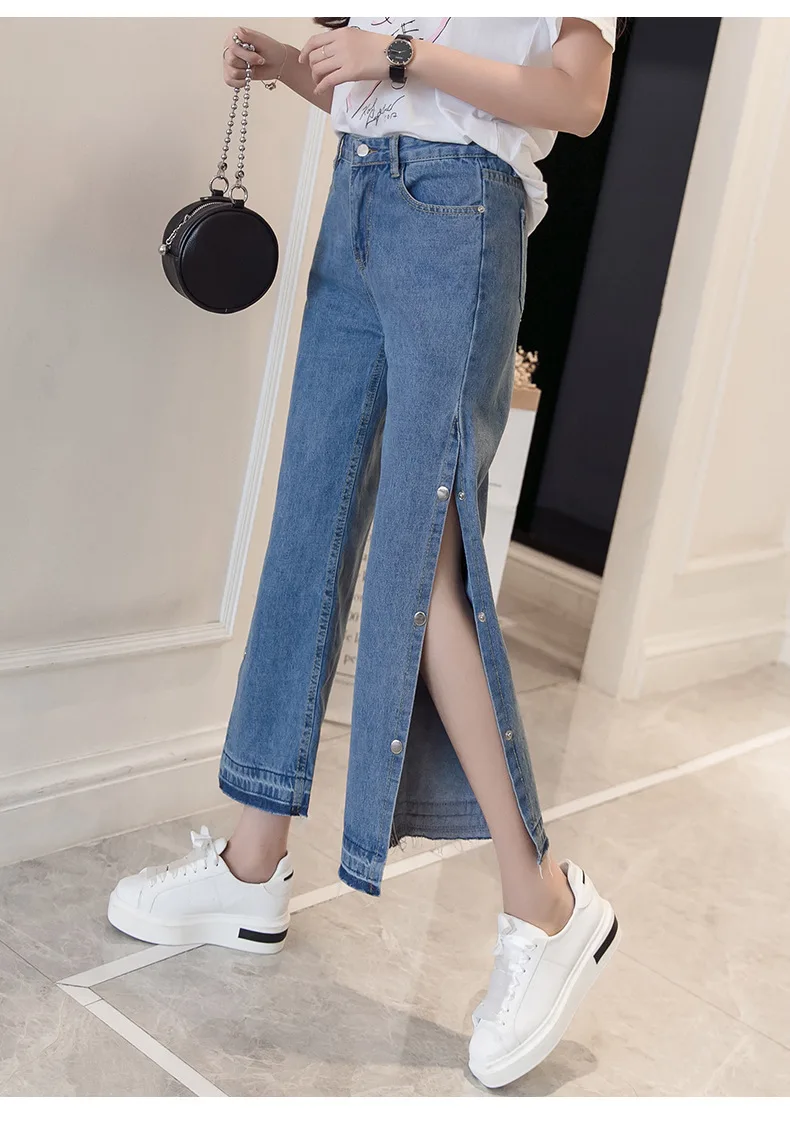 Тип микро-колокол джинсы с боковой пуговицей, высокая талия и широкие ноги